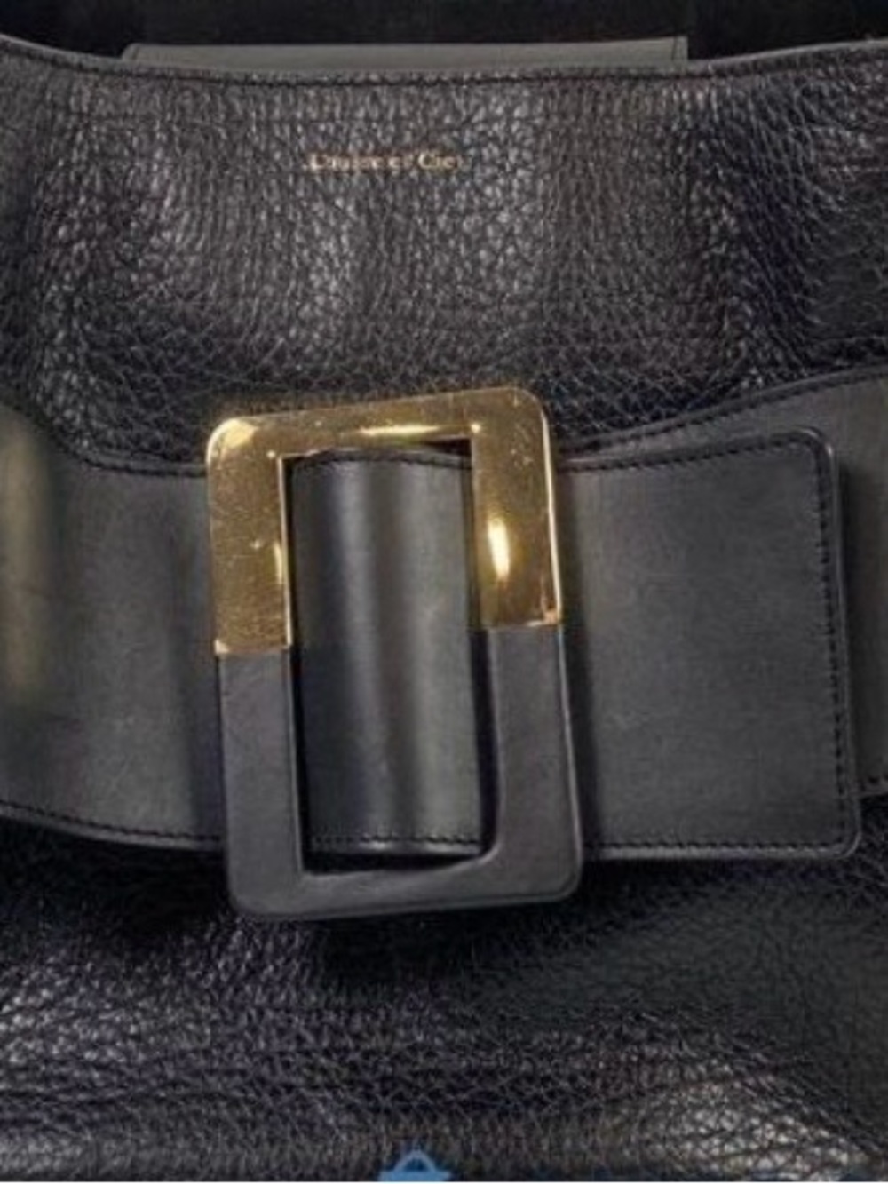 Black Leather Belted Shoulder Bag with Gold Buckle